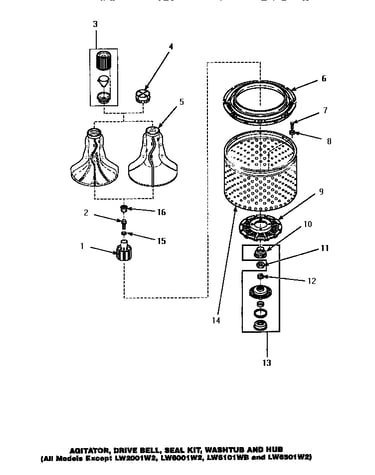 Agitator, drive bell, seal kit, washtub & hub