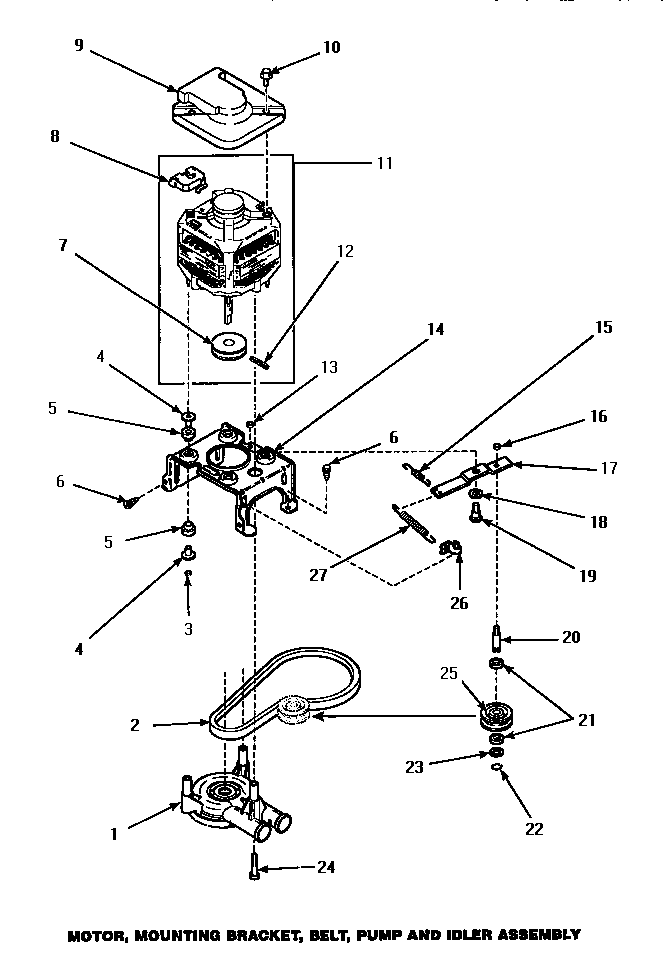 Motor, mounting bracket, belt, pump & idler assembly