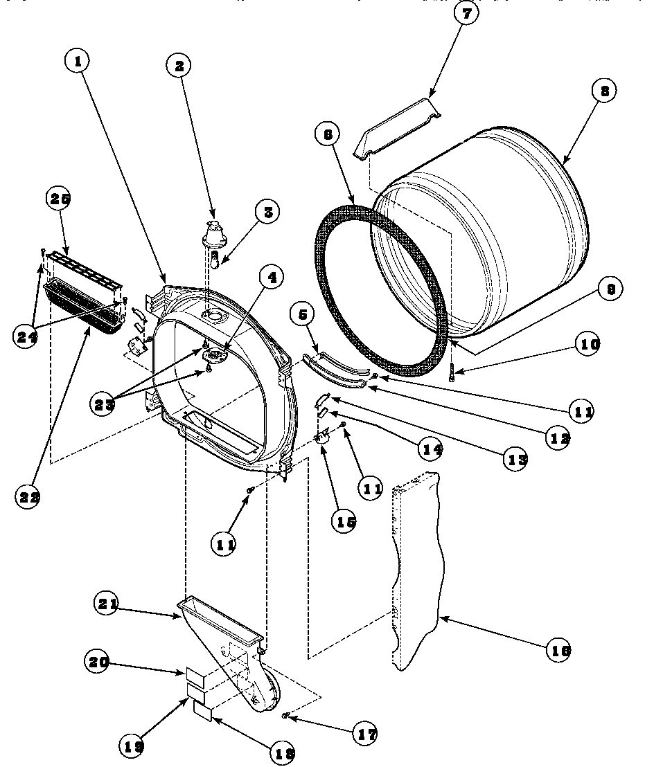 Front bulkhead, air duct, felt seal and cylinder (lg8163lm/plg8163lm) (lg8163wm/plg8163wm)