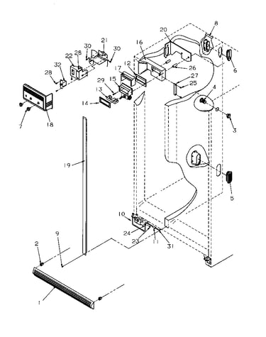Refrigerator/freezer controls and cabinet parts