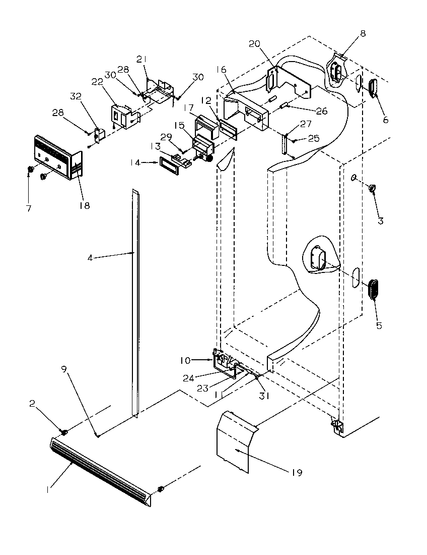 Refrigerator/freezer controls and cabinet parts