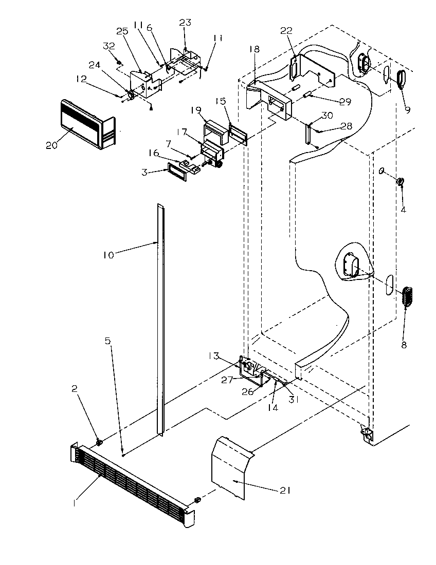 Refrigerator/freezer controls and cabinet parts