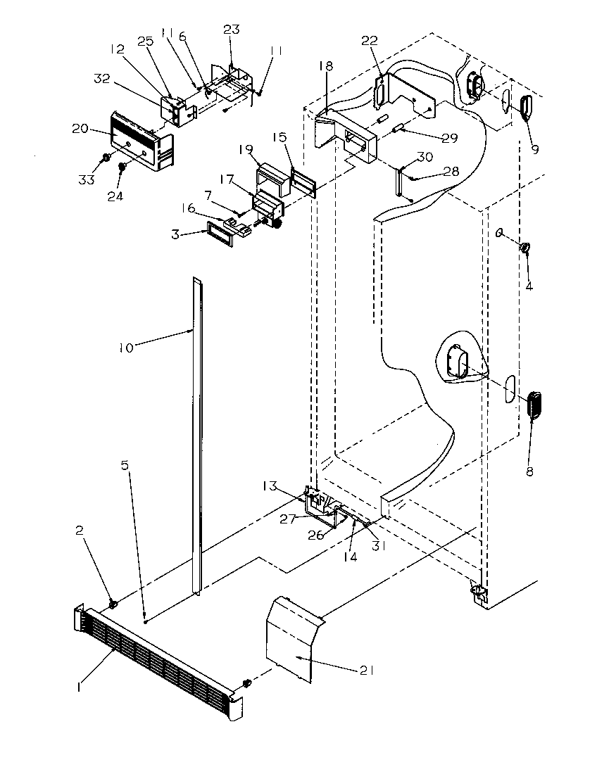 Refrigerator/freezer controls and cabinet parts