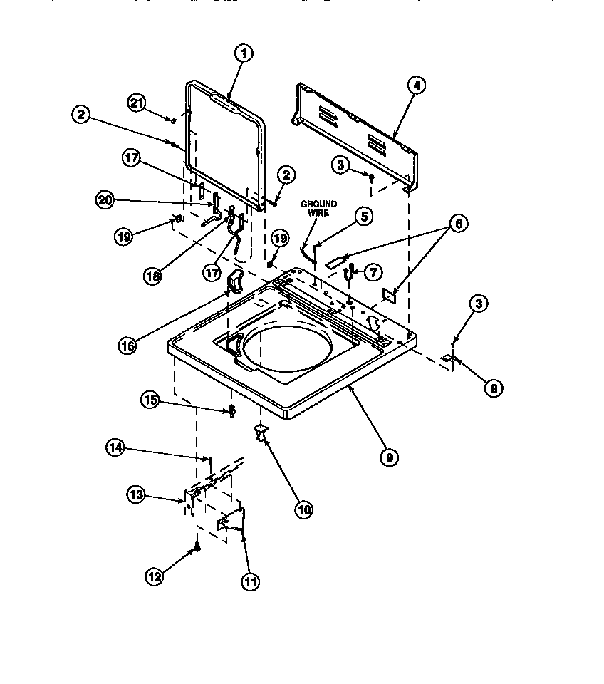 CABINET TOP, LOADING DOOR AND CONTROL HOOD REAR PANEL (CW4202W2/PCW4202W2B) (CW8202W2/PCW8202W2B) (CW8203W2/PCW8203W2B) (CW8413W2/PCW8413W2B) (LW2001W2/PLW2001W2B) (LW2501L2/PLW2501L2B) (LW2501W2/PLW2501W2B) (LW3502L2/PLW3502L2B) (LW3502W2/PLW3502W2B) (LW