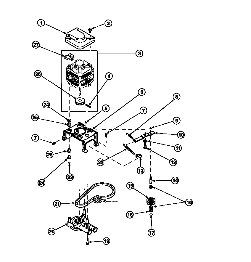 Motor, mounting bracket, belt, pump and idler assembly (cw4202w2/pcw4202w2b) (cw8202w2/pcw8202w2b) (cw8203w2/pcw8203w2b) (cw8413w2/pcw8413w2b) (lw2001w2/plw2001w2b) (lw2501l2/plw2501l2b) (lw2501w2/plw2501w2b) (lw3502l2/plw3502l2b) (lw3502w2/plw3502w2b) (l