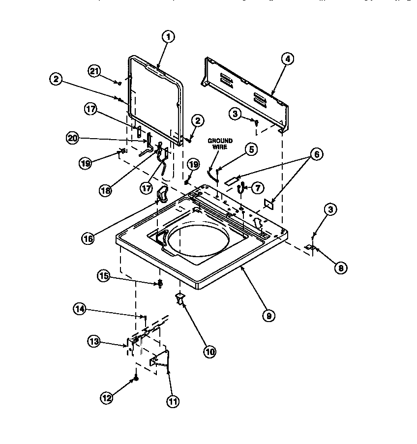 Cabinet top, loading door and control hood rear panel (lw8203w2/plw8203w2b) (lw8252l2/plw8252l2b) (lw8252w2/plw8252w2b) (lw8303l2/plw8303l2b) (lw8303w2/plw8303w2b) (lw8312l2/plw8312l2b) (lw8312w2/plw8312w2b) (lw8413l2/plw8413l2b) (lw8413w2/plw8413w2b) (lw