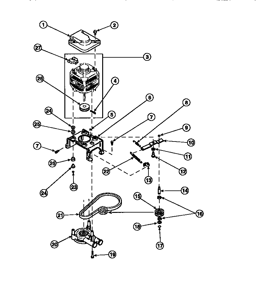 Motor, mounting bracket, belt, pump and idler assembly (lw8203w2/plw8203w2b) (lw8252l2/plw8252l2b) (lw8252w2/plw8252w2b) (lw8303l2/plw8303l2b) (lw8303w2/plw8303w2b) (lw8312l2/plw8312l2b) (lw8312w2/plw8312w2b) (lw8413l2/plw8413l2b) (lw8413w2/plw8413w2b) (l