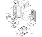 Amana SRDE27S3W-P1190602WW refrigeratorfreezer shelves, light, and hinges diagram