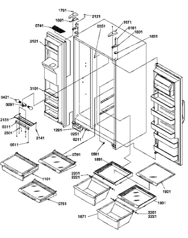 Refrigerator/freezer shelves, lights, and hinges