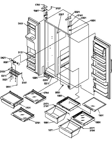 Refrigerator/freezer shelves, lights, and hinges