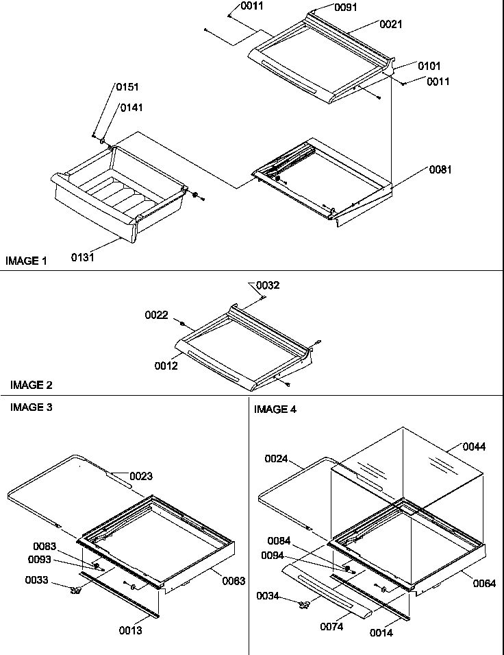 Shelves, deli, and crisper assemblies