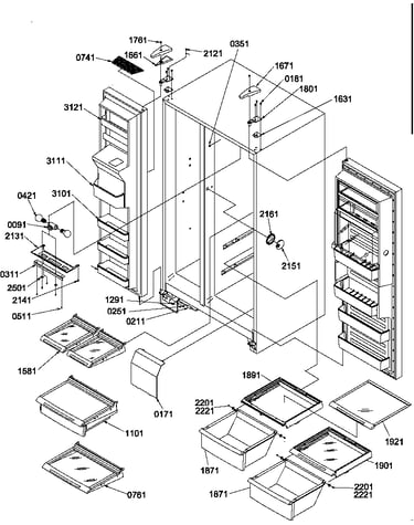 Refrigerator/freezer shelves, lights, and hinges