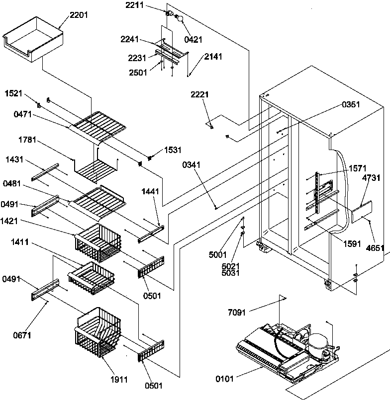 Freezer shelves and light