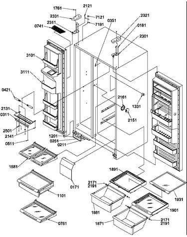 Refrigerator/freezer shelves, lights, and hinges