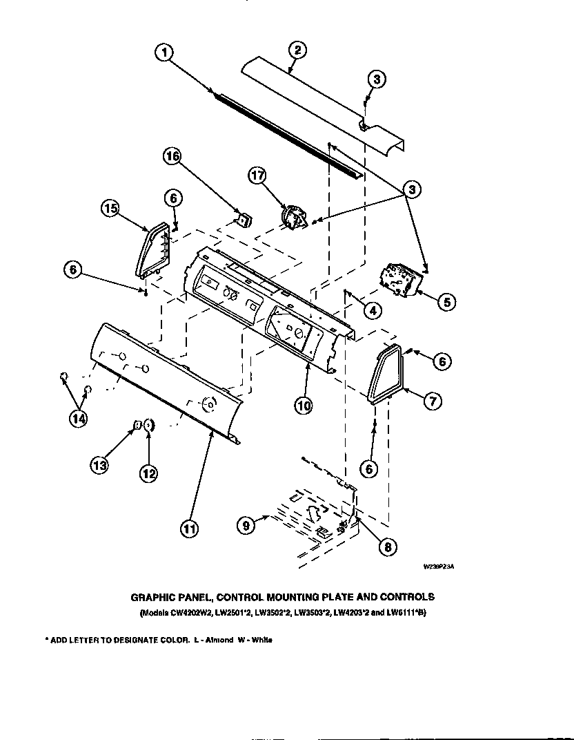 Graphic panel, control mounting plate and controls (cw4202w2/pcw4202w2a) (cw8202w2/pcw8202w2a) (cw8203w2/pcw8203w2a) (cw8413w2/pcw8413w2a) (lw2001w2/plw2001w2a) (lw2501l2/plw2501l2a) (lw2501w2/plw2501w2a) (lw3502l2/plw3502l2a) (lw3502w2/plw3502w2a) (lw350