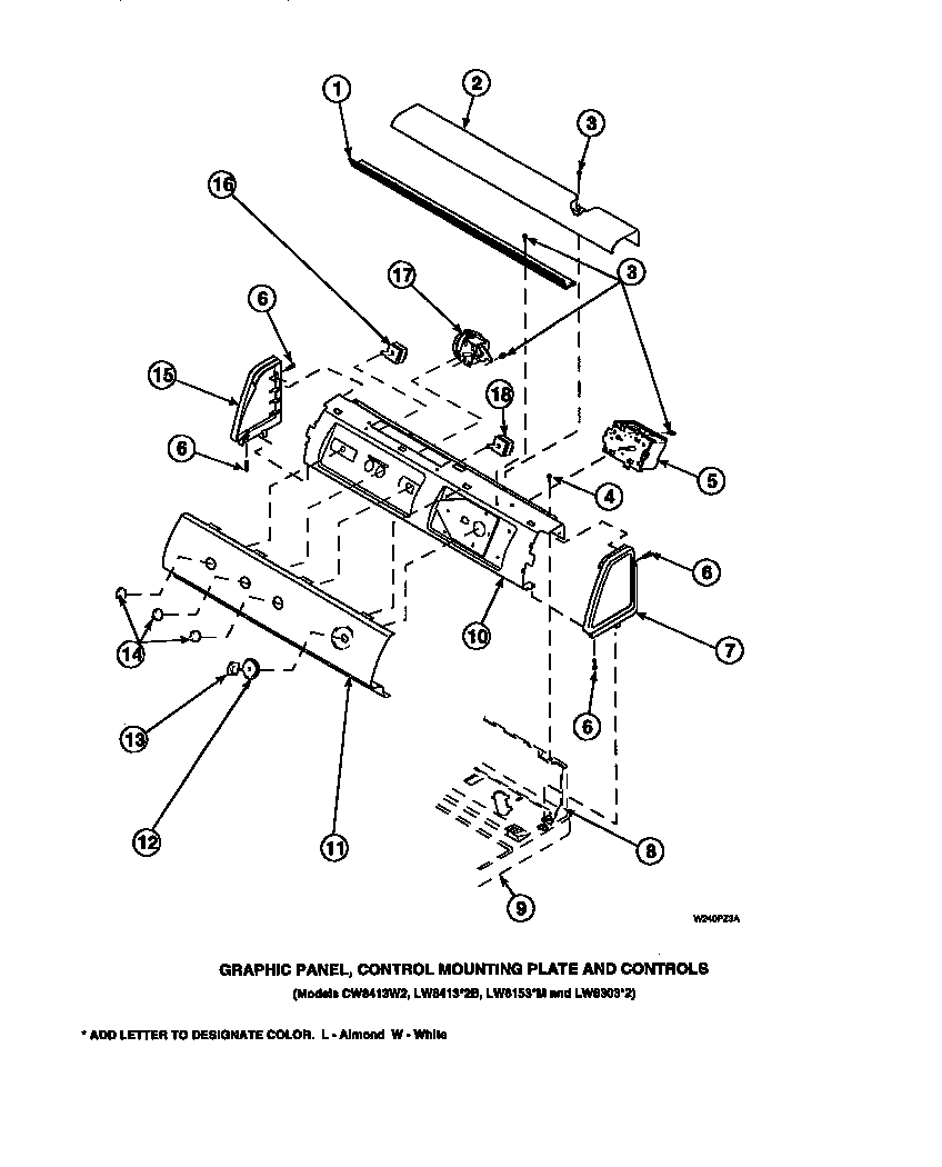 GRAPHIC PANEL, CONTROL MOUNTING PLATE AND CONTROLS (CW4202W2/PCW4202W2A) (CW8202W2/PCW8202W2A) (CW8203W2/PCW8203W2A) (CW8413W2/PCW8413W2A) (LW2001W2/PLW2001W2A) (LW2501L2/PLW2501L2A) (LW2501W2/PLW2501W2A) (LW3502L2/PLW3502L2A) (LW3502W2/PLW3502W2A) (LW350