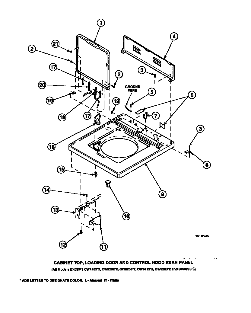Cabinet top, loading door and control hood rear panel (cw4202w2/pcw4202w2a) (cw8202w2/pcw8202w2a) (cw8203w2/pcw8203w2a) (cw8413w2/pcw8413w2a) (lw2001w2/plw2001w2a) (lw2501l2/plw2501l2a) (lw2501w2/plw2501w2a) (lw3502l2/plw3502l2a) (lw3502w2/plw3502w2a) (lw