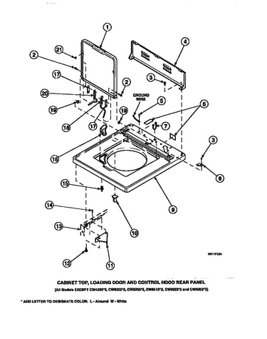Cabinet top, loading door and control hood rear panel (cw4202w2/pcw4202w2a) (cw8202w2/pcw8202w2a) (cw8203w2/pcw8203w2a) (cw8413w2/pcw8413w2a) (lw2001w2/plw2001w2a) (lw2501l2/plw2501l2a) (lw2501w2/plw2501w2a) (lw3502l2/plw3502l2a) (lw3502w2/plw3502w2a) (lw