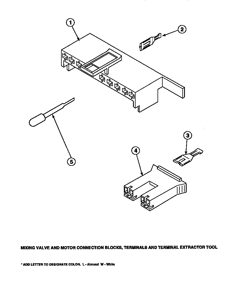 Mixing valve and motor connection blocks, terminals (cw4202w2/pcw4202w2a) (cw8202w2/pcw8202w2a) (cw8203w2/pcw8203w2a) (cw8413w2/pcw8413w2a) (lw2001w2/plw2001w2a) (lw2501l2/plw2501l2a) (lw2501w2/plw2501w2a) (lw3502l2/plw3502l2a) (lw3502w2/plw3502w2a) (lw35