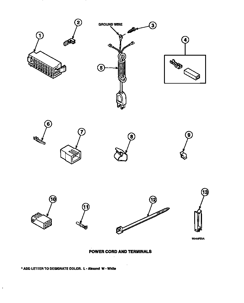 Power cord and terminals (cw4202w2/pcw4202w2a) (cw8202w2/pcw8202w2a) (cw8203w2/pcw8203w2a) (cw8413w2/pcw8413w2a) (lw2001w2/plw2001w2a) (lw2501l2/plw2501l2a) (lw2501w2/plw2501w2a) (lw3502l2/plw3502l2a) (lw3502w2/plw3502w2a) (lw3503l2/plw3503l2a) (lw3503w2