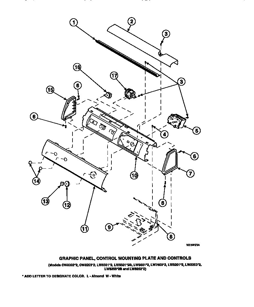 GRAPHIC PANEL, CONTROL MOUNTING PLATE AND CONTROLS (LW8203W2/PLW8203W2A) (LW8203W2B/PLW8203W2A) (LW8252L2/PLW8252L2A) (LW8252W2/PLW8252W2A) (LW8303L2/PLW8303L2A) (LW8303W2/PLW8303W2A) (LW8312L2/PLW8312L2A) (LW8312W2/PLW8312W2A) (LW8413L2/PLW8413L2A) (LW84