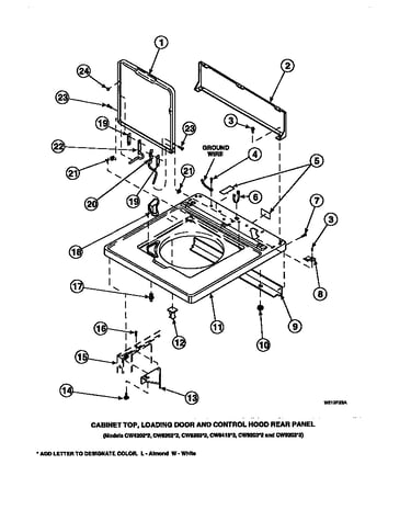 Cabinet top, loading door and control hood rear panel (lw8203w2/plw8203w2a) (lw8203w2b/plw8203w2a) (lw8252l2/plw8252l2a) (lw8252w2/plw8252w2a) (lw8303l2/plw8303l2a) (lw8303w2/plw8303w2a) (lw8312l2/plw8312l2a) (lw8312w2/plw8312w2a) (lw8413l2/plw8413l2a) (l
