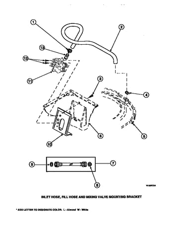 Inlet hose, fill hose and mixing valve mounting bracket (lw8203w2/plw8203w2a) (lw8203w2b/plw8203w2a) (lw8252l2/plw8252l2a) (lw8252w2/plw8252w2a) (lw8303l2/plw8303l2a) (lw8303w2/plw8303w2a) (lw8312l2/plw8312l2a) (lw8312w2/plw8312w2a) (lw8413l2/plw8413l2a)