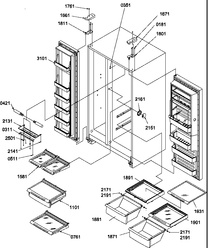 Refrigerator/freezer shelves, lights, and hinges