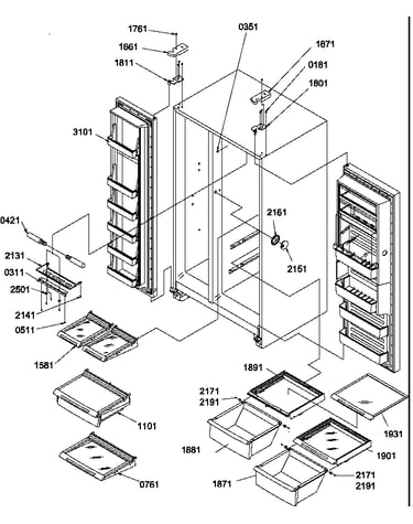 Refrigerator/freezer shelves, lights, and hinges