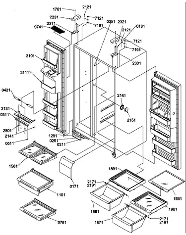Refrigerator/freezer shelves, light, and hinges