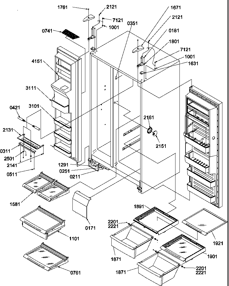 Refrigerator/freezer shelves, lights, and hinges