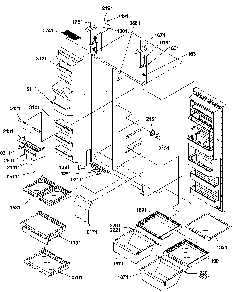 Refrigerator/freezer shelves, lights, and hinges