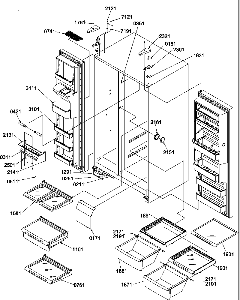 Refrigerator/freezer shelves, lights, and hinges