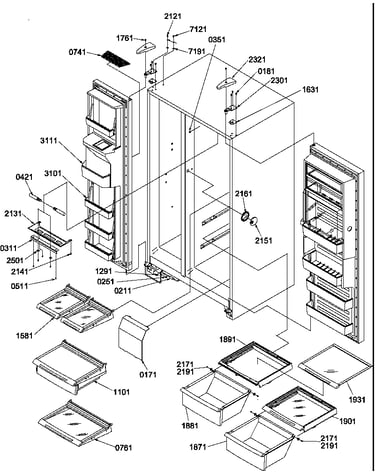 Refrigerator/freezer shelves, lights, and hinges