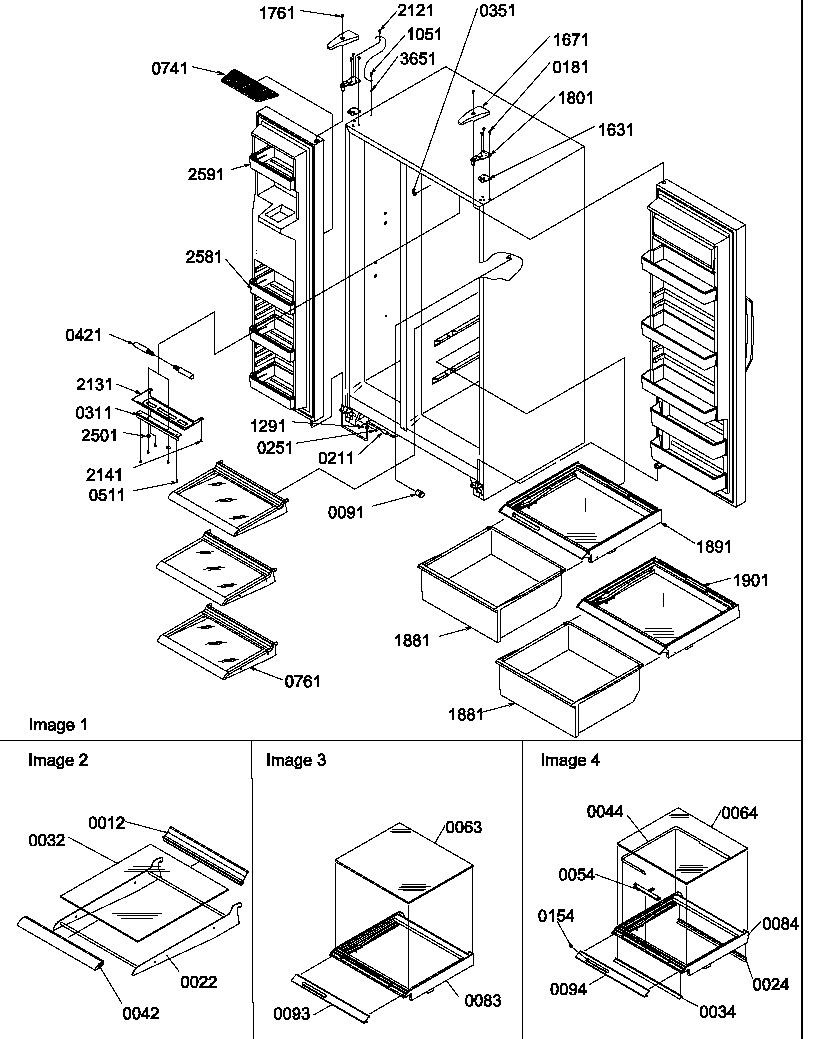 Refrigerator/freezer shelves, lights, and hinges