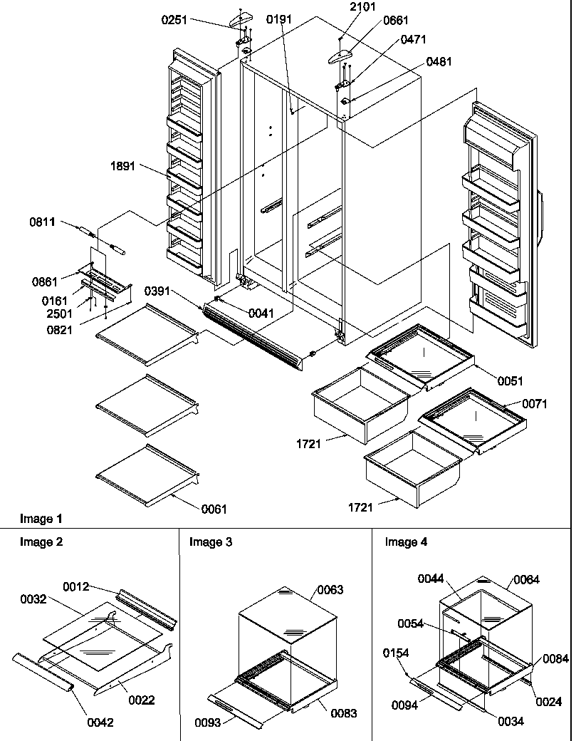 Refrigerator/freezer shelves, lights, and hinges