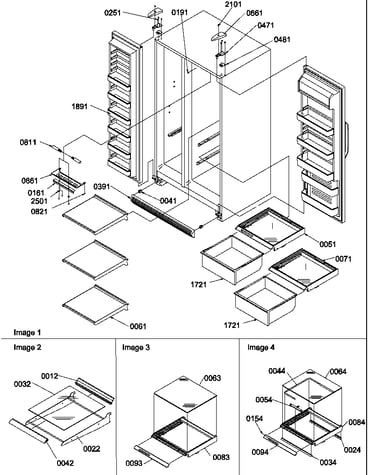 Refrigerator/freezer shelves, lights, and hinges