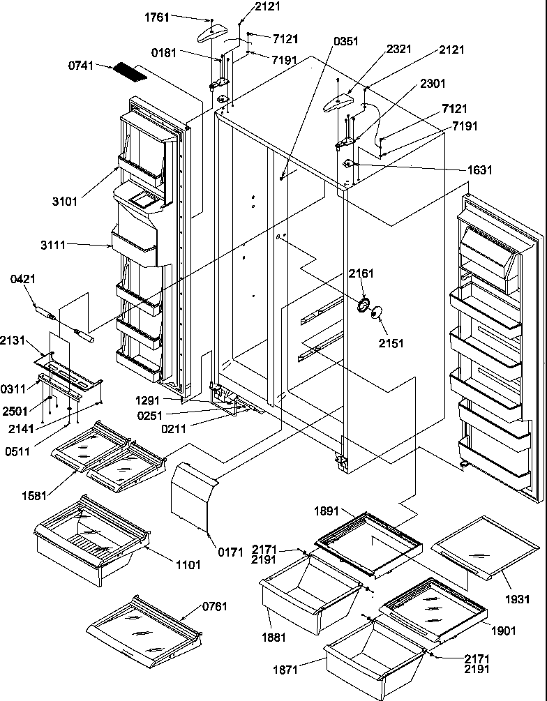 Refrigerator/freezer shelves, lights, and hinges