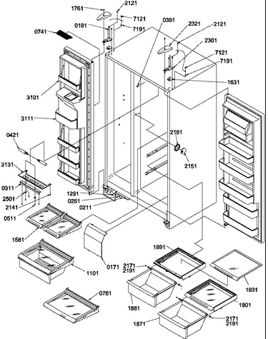 Refrigerator/freezer shelves, lights, and hinges