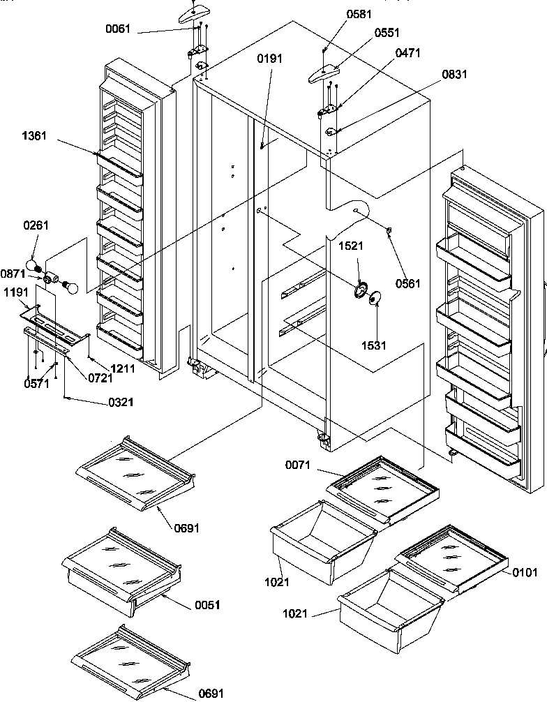 Refrigerator/freezer shelves, lights, and hinges