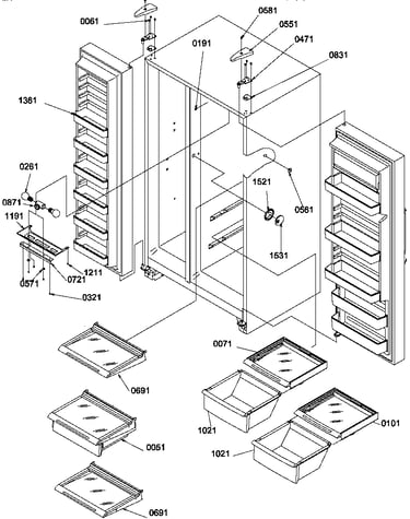 Refrigerator/freezer shelves, lights, and hinges