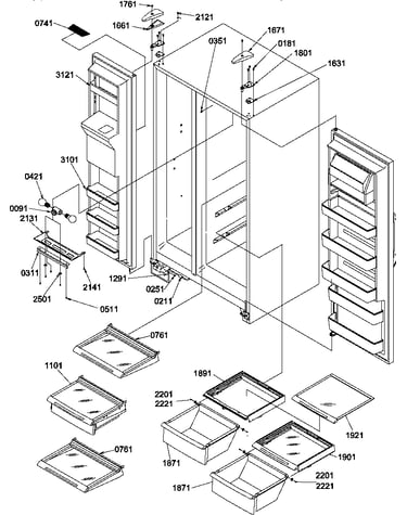 Refrigerator/freezer shelves, lights, and hinges