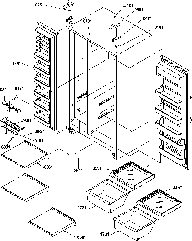 Refrigerator/freezer shelves, lights, and hinges