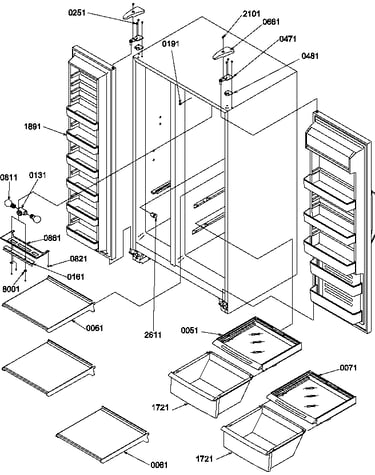 Refrigerator/freezer shelves, lights, and hinges