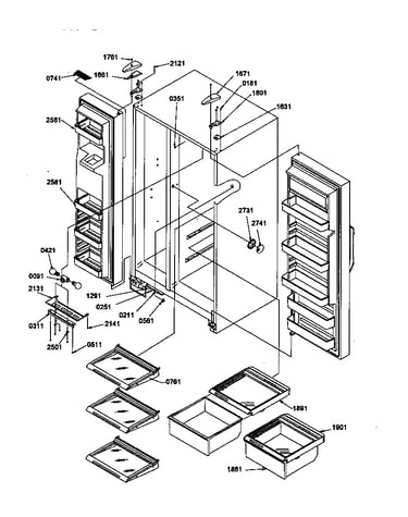 Refrigerator/freezer shelves, lights, and hinges