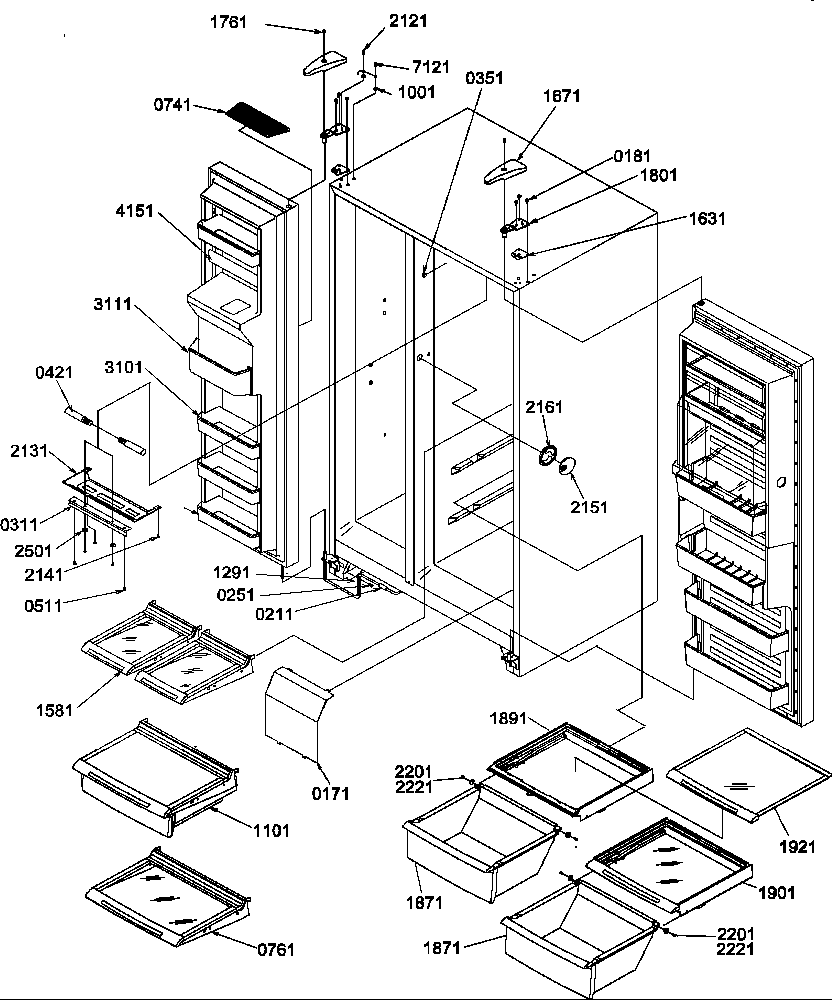 Refrigerator/freezer shelves, lights, and hinges