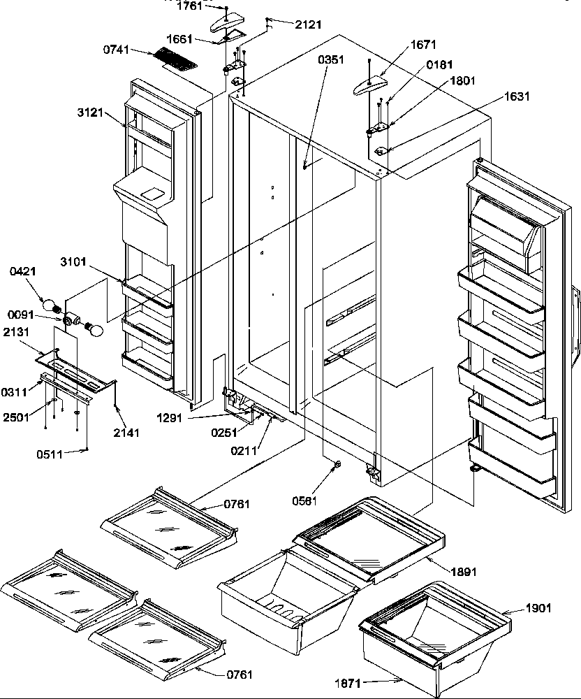 Refrigerator/freezer shelves, lights, and hinges