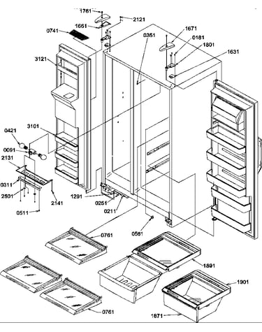 Refrigerator/freezer shelves, lights, and hinges