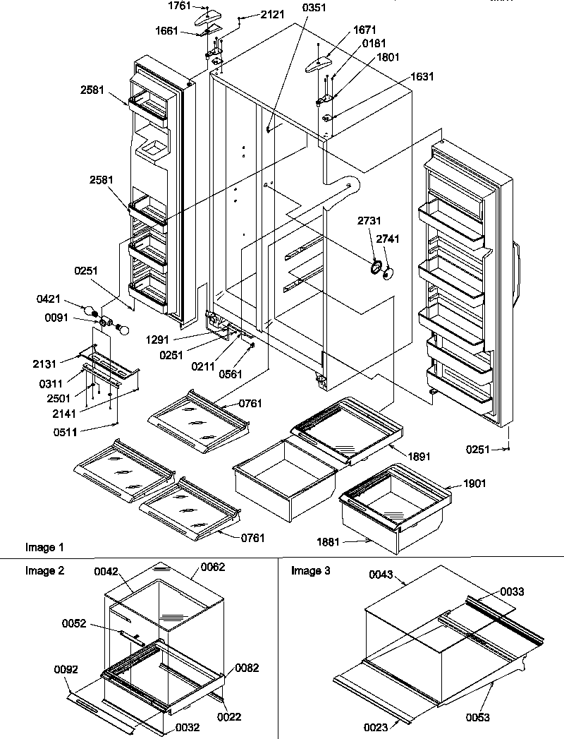Refrigerator/freezer shelves, lights, and hinges