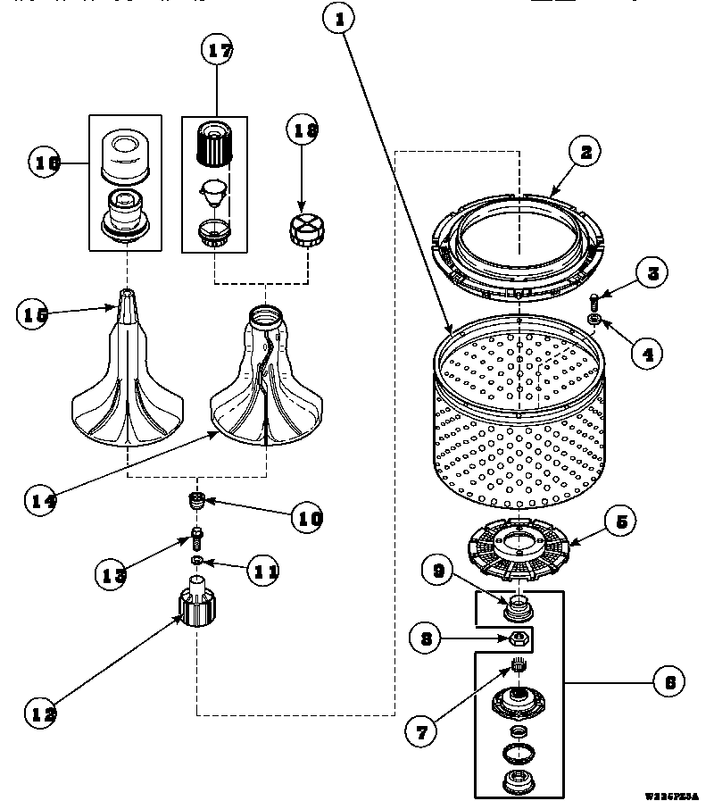 Agitator, drive bell, seal kit, washtub and hub